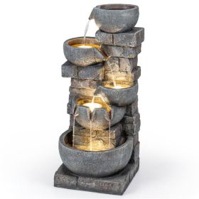 5-Tier Cascading Water Fountain with 24 LED Lights Gray Resin Outdoor Water Feature