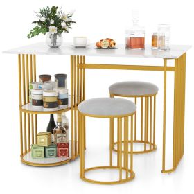 White & Gold Dining Table Set with Faux Marble Top, 2-Layer Open Shelves & Upholstered Stools