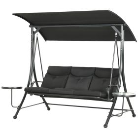 3 Seat Outdoor Swing Chair Steel Swing Bench Porch Swing With Adjustable Canopy & Coffee Tables & Cushion for Patio Garden, Black