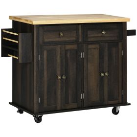 Kitchen Island with Storage, Rolling Trolley Cart with Rubber Wood Top, Spice Rack, Towel Rack, Brown Oak
