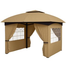 11' x 11' Outdoor Gazebo, Double Roof Patio Gazebo Canopy with Curtains, Church Windows, Galvanised Steel Frame, Beige