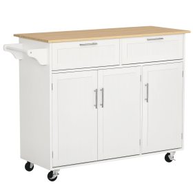 Rolling Kitchen Island, Kitchen Cart on Wheels with 2 Storage Drawers, 3 Door Cabinets and Towel Rack for Dining Room (White, 3-Doors)