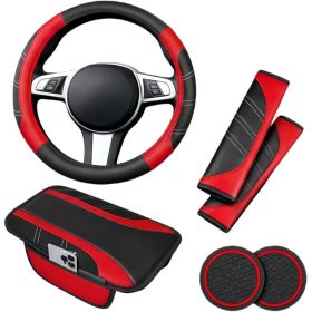 Car Accessories Set 6 Units, 14.5-15 Inch Leather Steering Wheel Cover, Console Cover, Seat Belt Cushion And Coasters, Black Red (Option: MULTI)