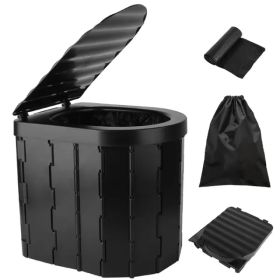Foldable Emergency Toilet Portable Porta Potty For Car Travel Camping Boating Hiking Cleanable Travel Commode With Lid Carry Bag 1 Roll Garbage B (Option: Black)